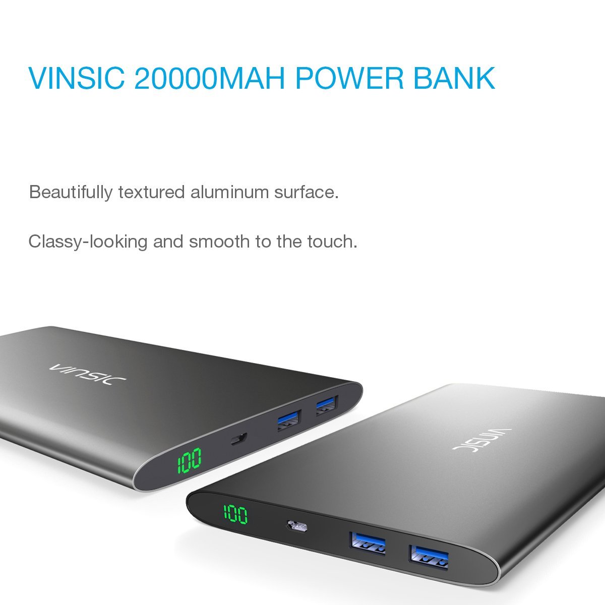 Vinsic 20000mAh Dual USB Power Bank for Smartphones, Tablets and PC, Grey -  CHARGE WITH POWER