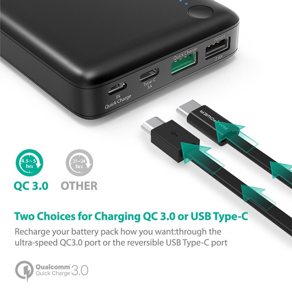USB C Portable Charger RAVPower 20100 Power QC 3.0 Qualcomm Quick Charge 3.0 20100mAh Input & Output Type C Battery for Macbook, S8, iPhone and More - CHARGE WITH POWER