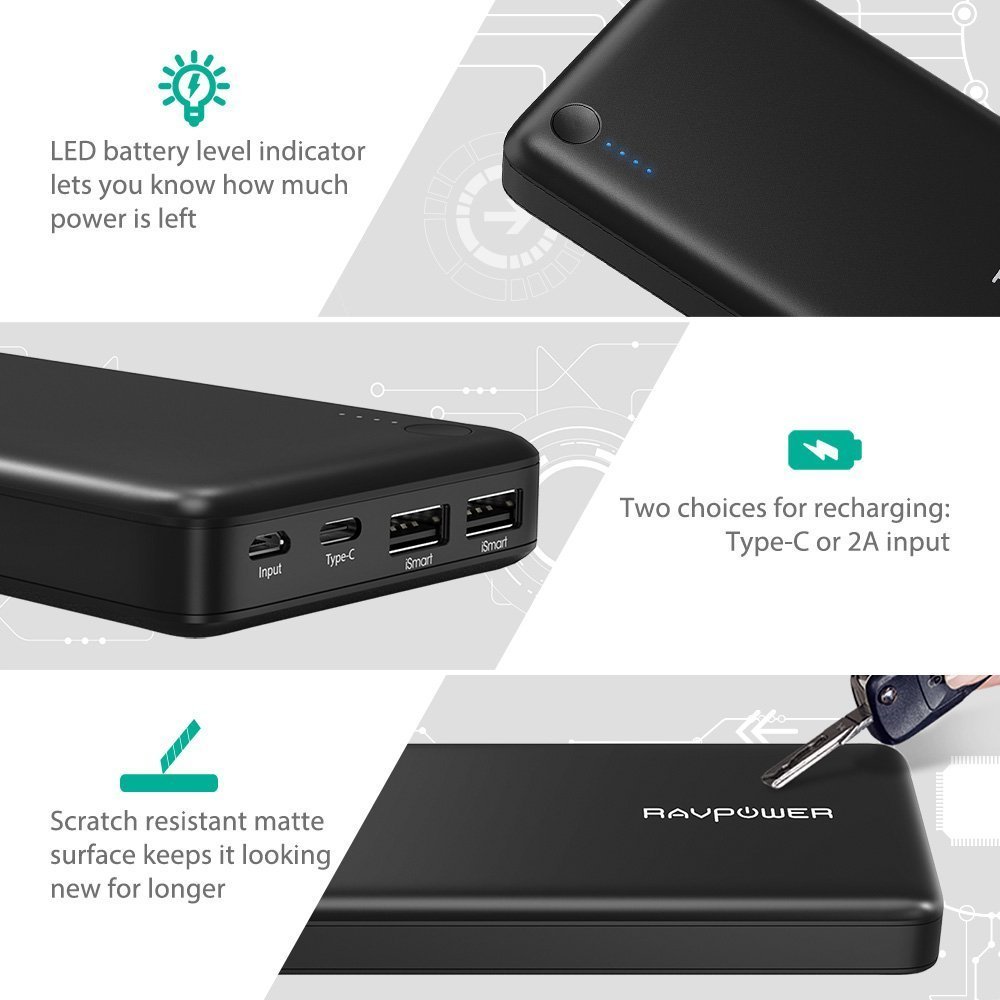 USB C Power Bank RAVPower PD Portable Charger 26800mAh(Faster Recharged in 4.5 Hours &USB-C Input, 30W Type-C Nintendo Switch, USB Type-C Laptops, 2016 MacBook Power Delivery Support - CHARGE WITH