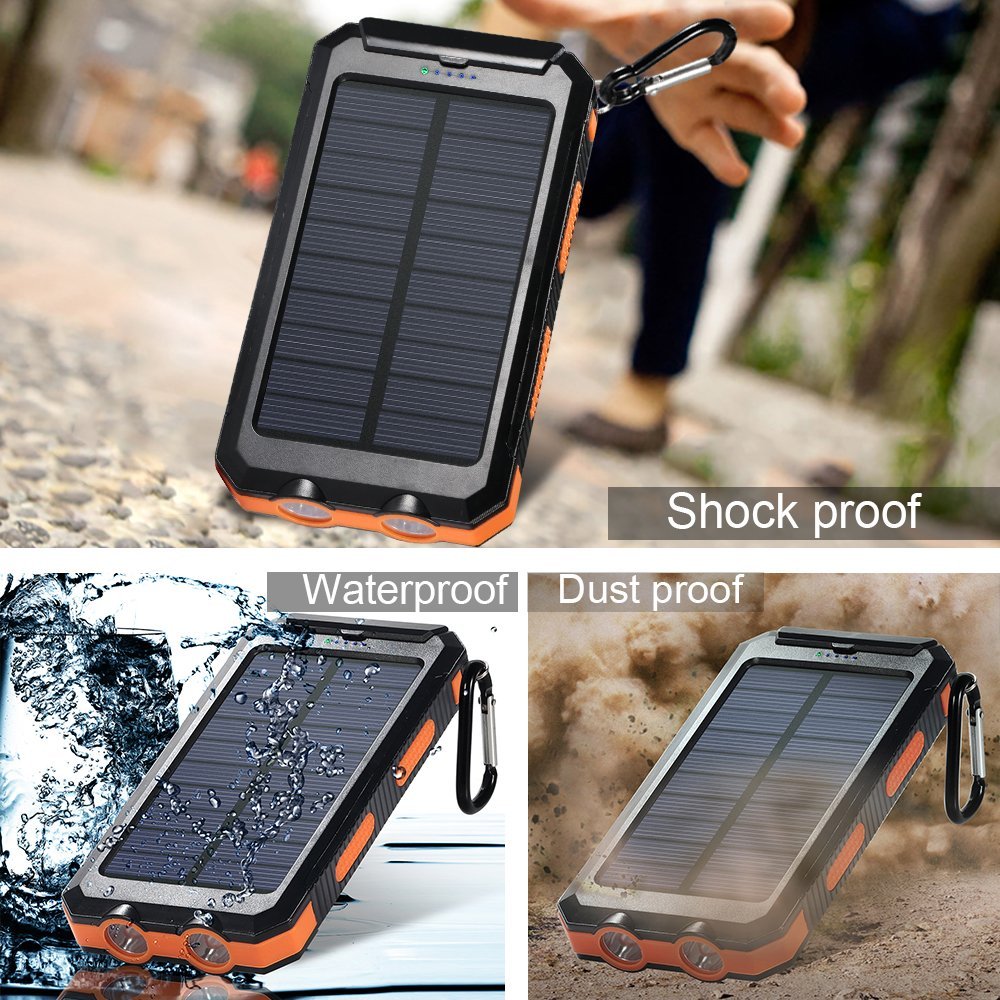 Solar Charger,8000mAh Solar Power Bank Portable External Backup Battery  Pack Dual USB Solar Phone Charger with 2LED Light Carabiner and Compass for  Smartphones and More 