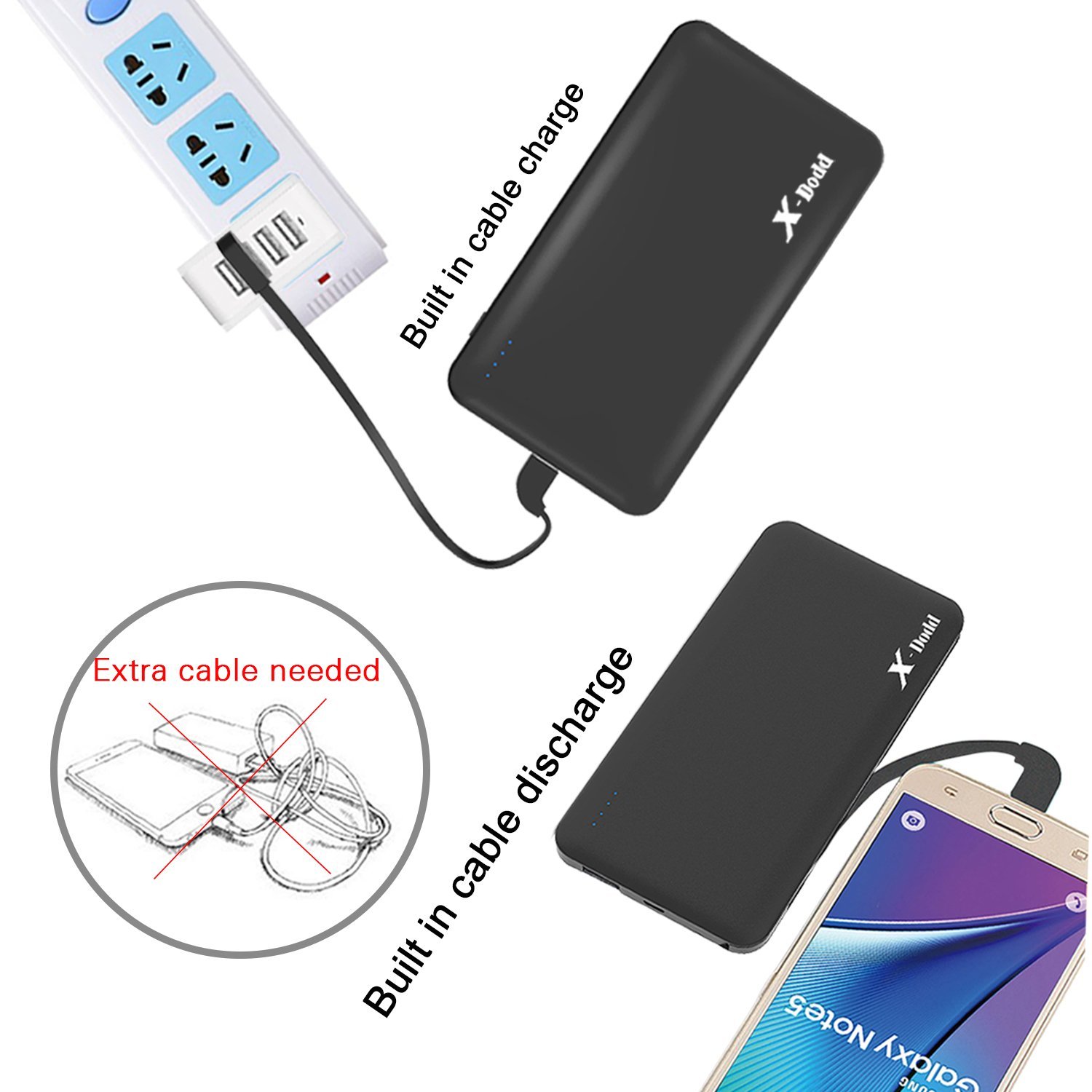 Built in Cables Ultra Slim 10000mAh Power Bank